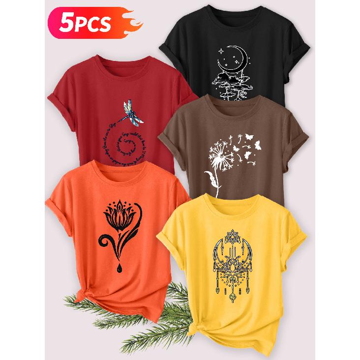 Five-piece set Elegant short-sleeved shirt for women Natural Totem Series Printed Round Neck Women's Short Sleeve Shirt Suitable for Spring and