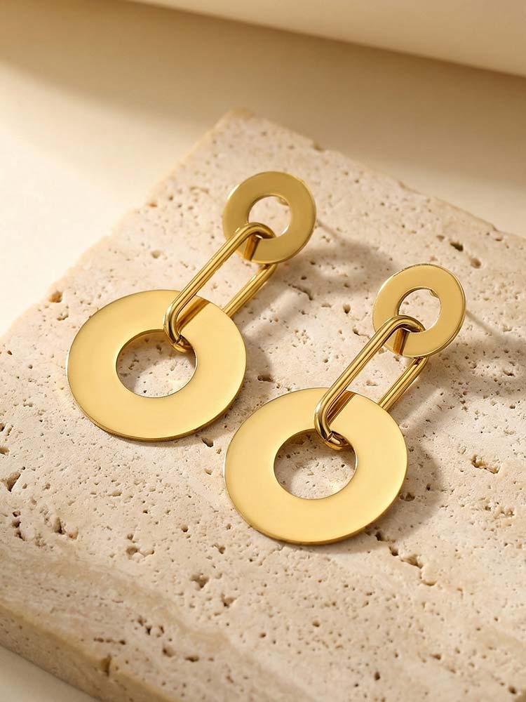 Stainless Steel Geometric Hollow Circle Drop Earrings, Minimalist Gold Tone Link Dangle Earrings Women Exquisite Jewelry