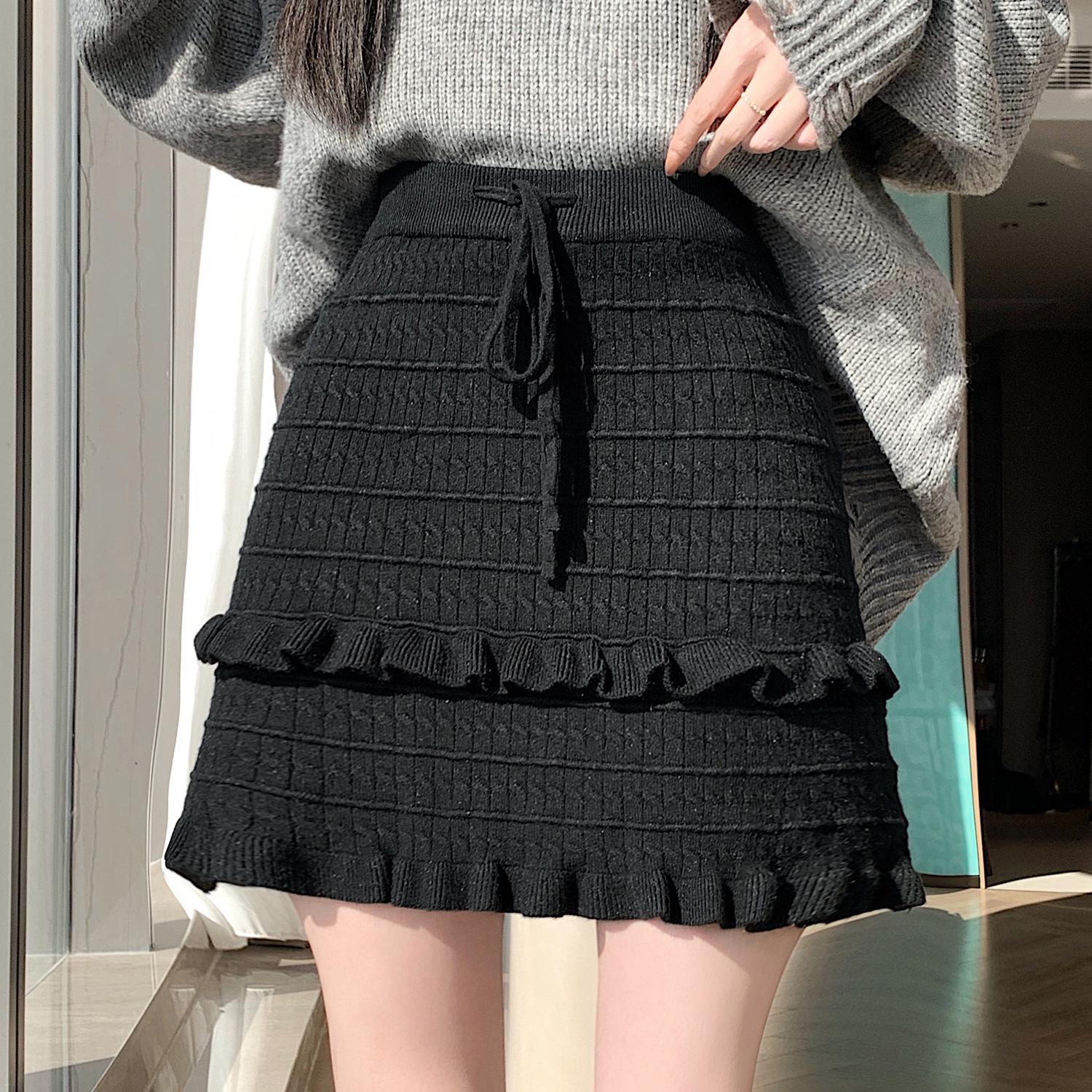 

2025 Women s High-Waist Cream White Knit Drawstring Half-Skirt - Slimming Cake Short Style L чорний