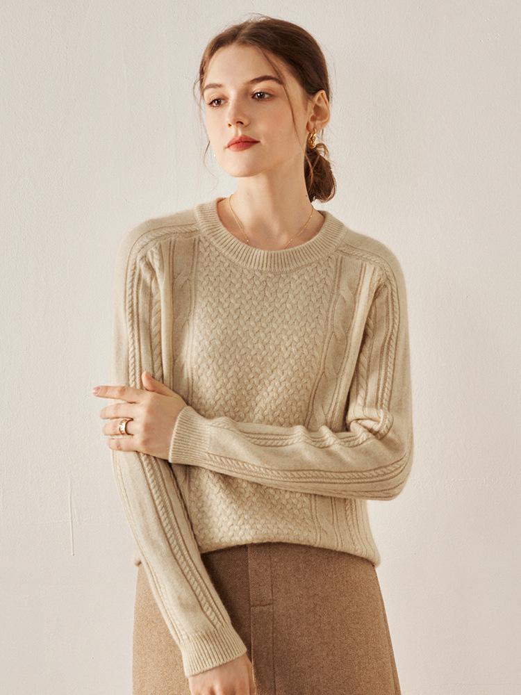 Women's Heavy Knit Cashmere Aran Sweater: Saddle Shoulder, Round Neck, Long Sleeve Pullover for Autumn/Winter, Solid Color, Casual & Versatile.