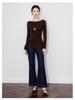 Design Sense Off-Shoulder Tie-Up Wool Knit Top: Minimalist Waist-Defining Long Sleeve for Early Autumn