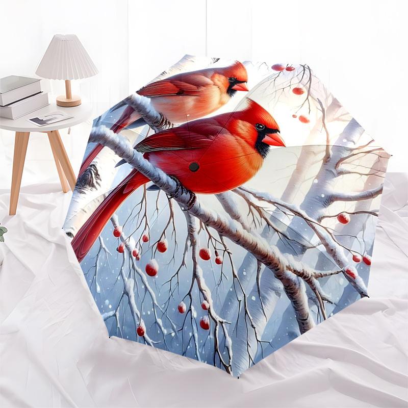 1pc Winter Cardinal Birds Auto-Folding Umbrella, Portable 3-Fold Design with 8-Bone Iron Frame, Outdoor for Fans, Travelers, Daily Use, Perfect Gift f
