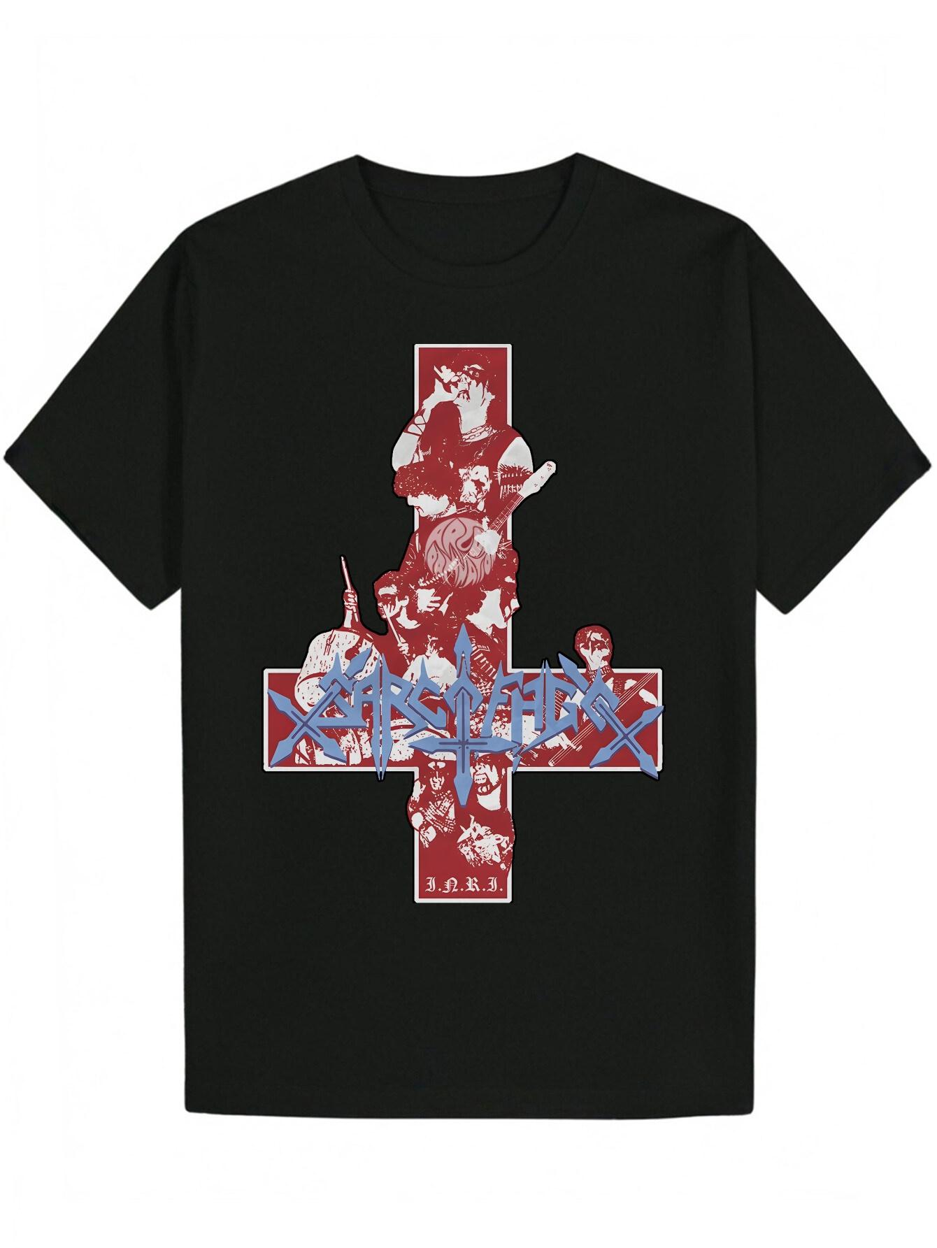 Crew Neck Polyester T-shirt - Portrait Graphic Tee with Cross Design S