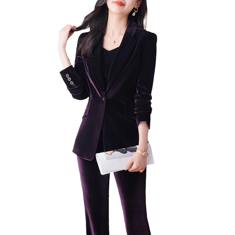 Formal Business Suits for Women Autumn Winter High Quality Fabric Velvet Work Wear Suits Pantsuits OL Professional Trousers Set