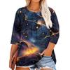 Women's Print Round Neck Plus Size Tops 3/4 Sleeves Elegant Shirt Tops