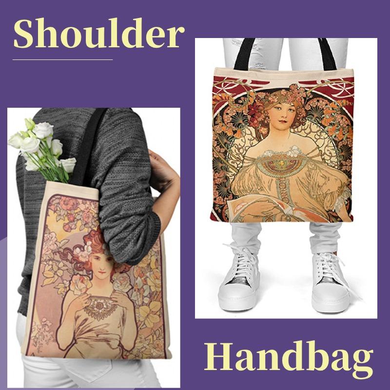 Mucha-serien bildaffisch Canvas tygväska Retro handväska Axelväska Digitaltryck Damväska med topphandtag