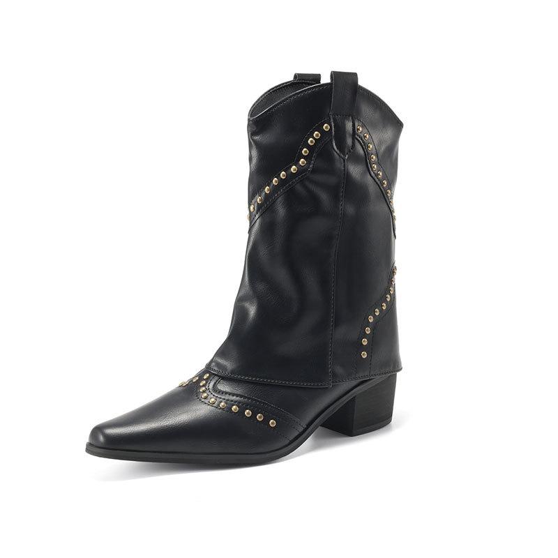 Retro V-mouth Martin Boots Fashion Western Cowboy Boots Rivet Design Smoke Tube Boots Locomotive Boots Women's Short Boots