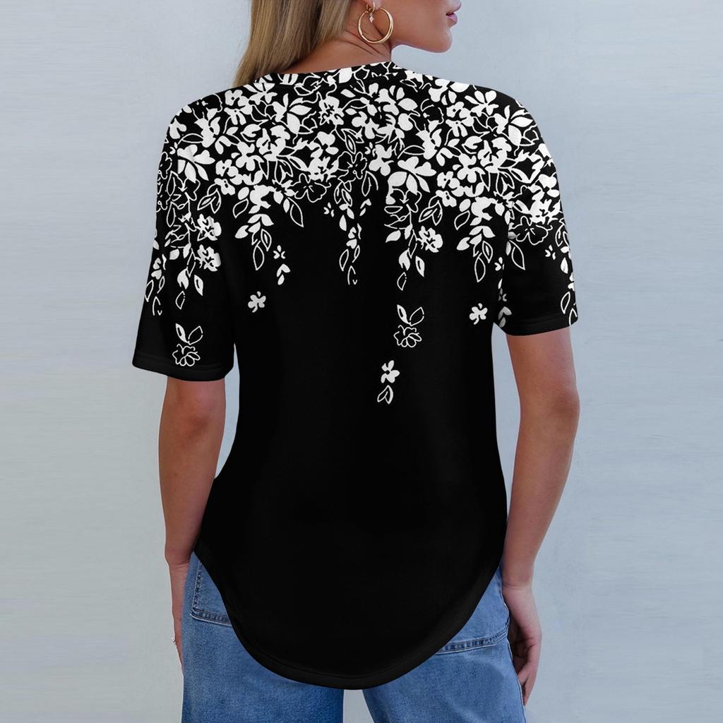 Short Sleeve Womens Tops Summer T-Shirts Floral Print V Neck Casual Basic Tee Button Shirts Tunic Tops