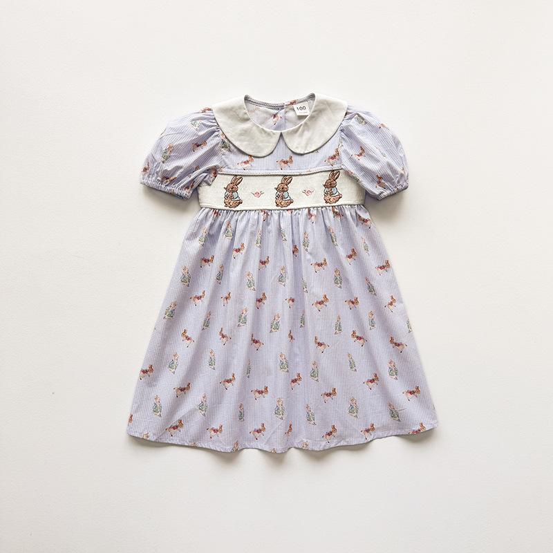 Girls Summer Plaid Dress With Cartoon Embroidery Peter Pan Collar Puff Sleeve Cute Kids Party Dress 90cm
