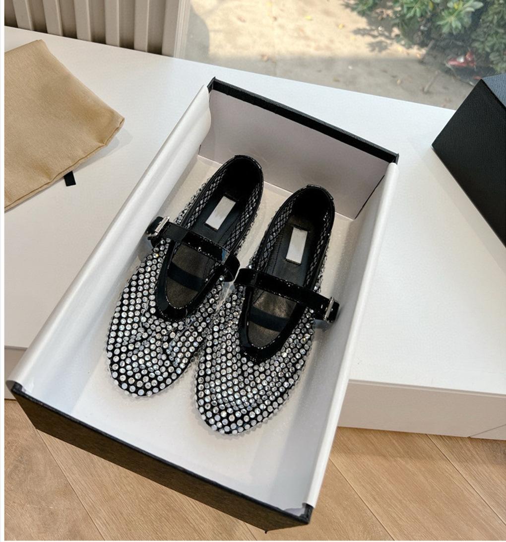 20 spring mesh one-word buckle band ballet shoes women s rhinestone flats hollow fishing net Mary Jane single shoes 35