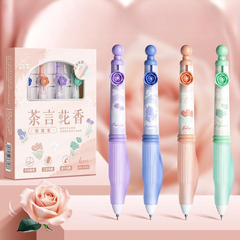 

Набір з 4 чарівних гелевих ручок з квітами, з кліпом Зірка мрії , з рожевим бантиком, з кліпом, 0,5 мм, чорне чорнило для письма