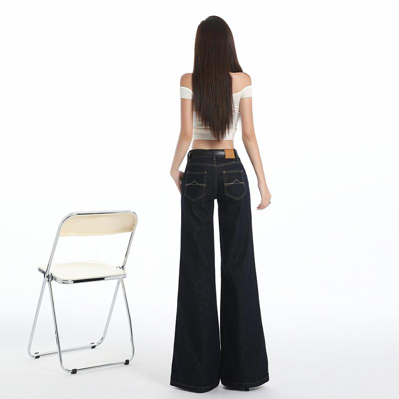 Dark blue low-rise non-stick leg flared jeans women's spring and summer new American retro Spice Girl wide-leg pants