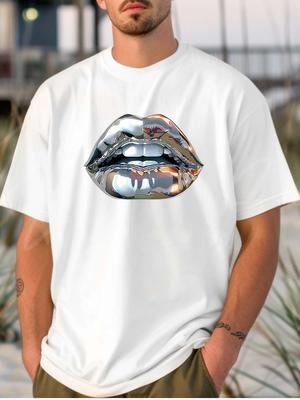 Metallic Lip Graphic Printed Short Sleeve Luxury Cotton T-shirt Summer Unisex Men Women Casual Loose Fashion Clothing