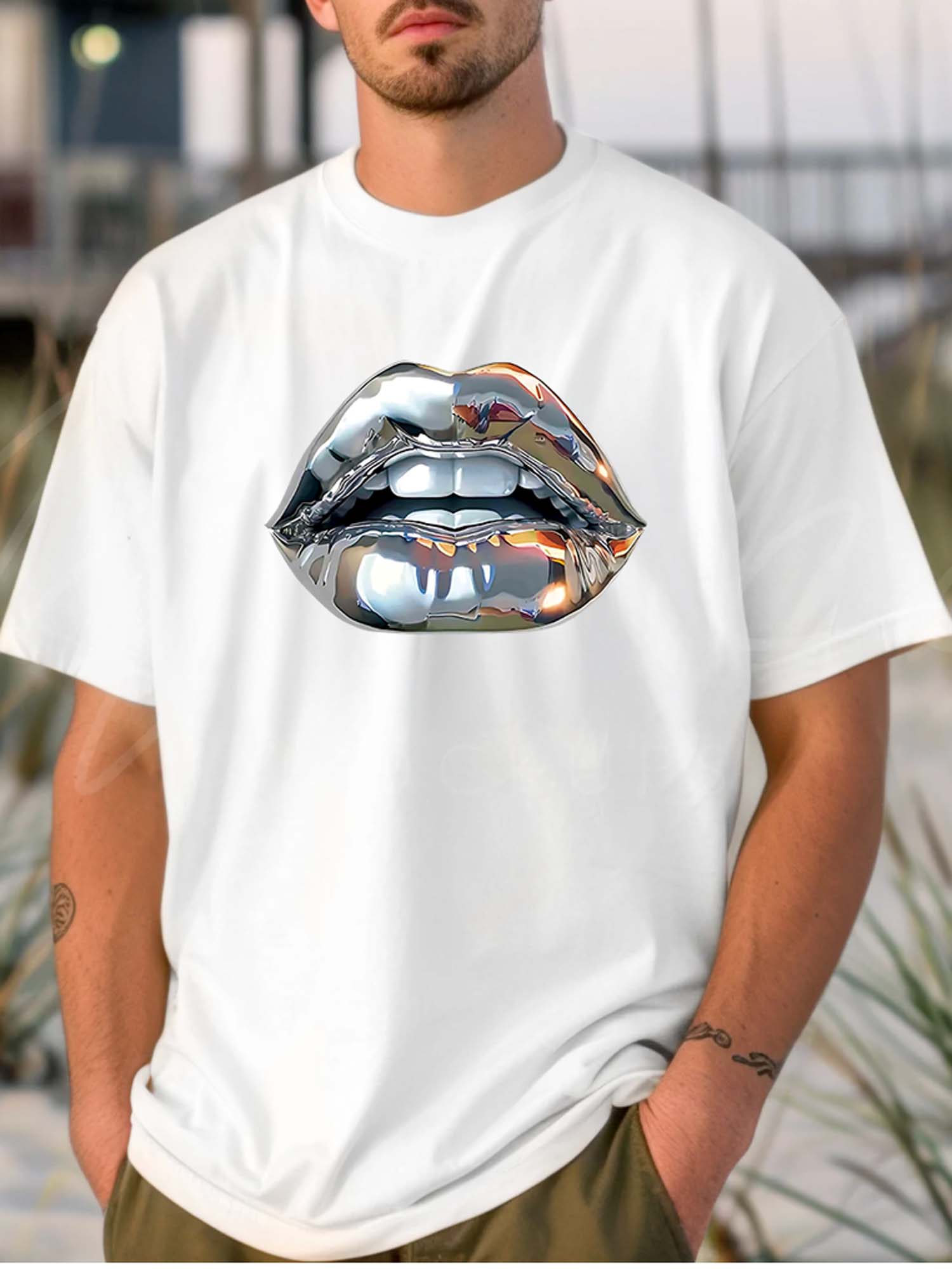 

Metallic Lip Graphic Printed Short Sleeve Luxury Cotton T-shirt Summer Unisex Men Women Casual Loose Fashion Clothing 4XL