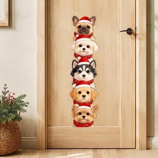 Christmas Wall Decals for Home Puppy Stickers, Removable Self-adhesive Dog Walls Doors, PVC Stacked Puppies Cute Santa Room Decor Art with Hats