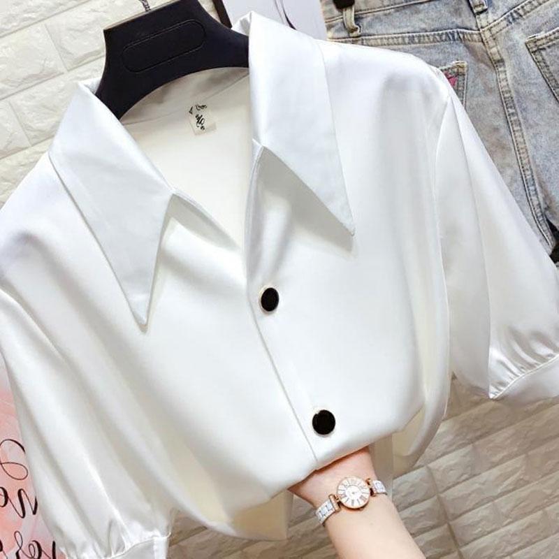 Korean New Solid Color Basic Shirt Female Clothing Single-breasted Summer Thin Half Sleeve Stylish Turn-down Collar Blouse