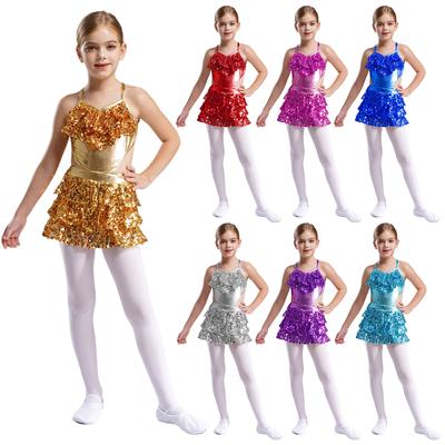 Girls Performance Dress Sequined Tiered Ruffles V Neck Sleeveless Stage Dance Costume