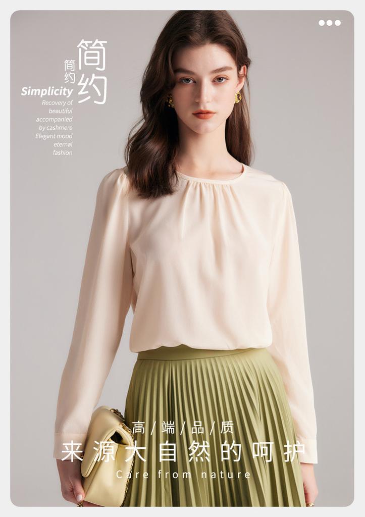 100% Mulberry Silk Spring Round Neck Simple Silk Long Sleeve Shirt for Women