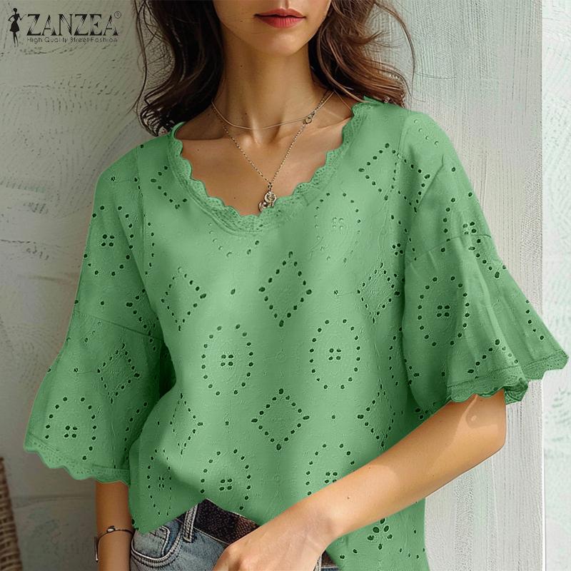 

ZANZEA Женская повседневная блузка с V-образным вырезом и расклешенным рукавом, кружевная вязка крючком S зелёный