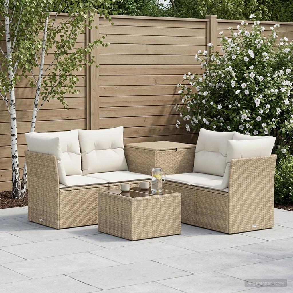 Sofa Set 6 pcs Beige and Cream White Poly Rattan and Steel