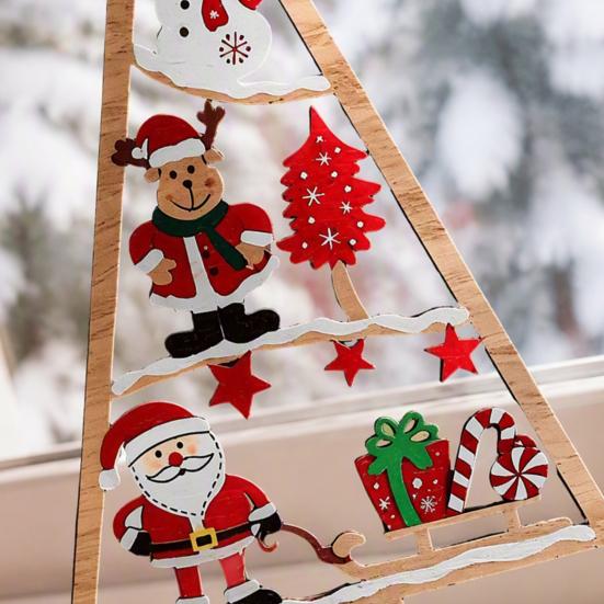 Christmas Tree with Pendants Wooden Tabletop Decor, Hollow Xmas Ornament, Farmhouse Vintage Style Decor Desktop Centerpiece for Holiday Party
