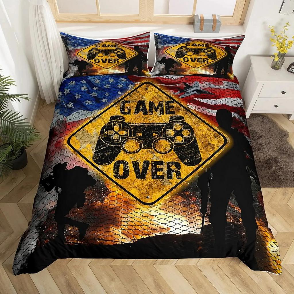 Amerikanischer Soldat Bettbezug Set Einzel für Jungen Jugendliche, Amerikanische Flagge Bettdeckenbezug Set, Flugzeug Quilt Bettwäschesets Queen Size