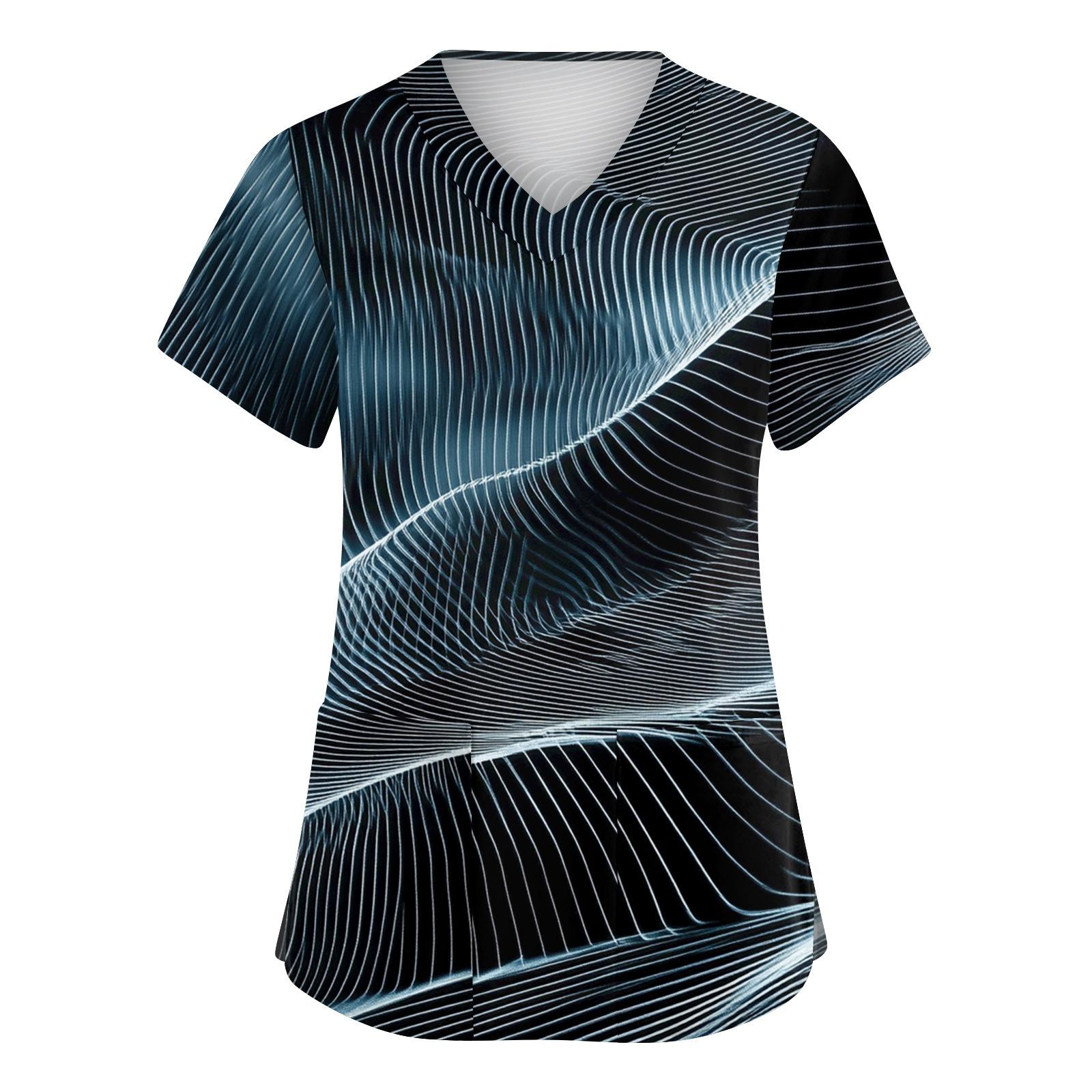 

Женский модный рабочий топ с V-образным вырезом, принтом, короткими рукавами, карманом, боковым разрезом, базовый пуловер XXXL тёмно-синий