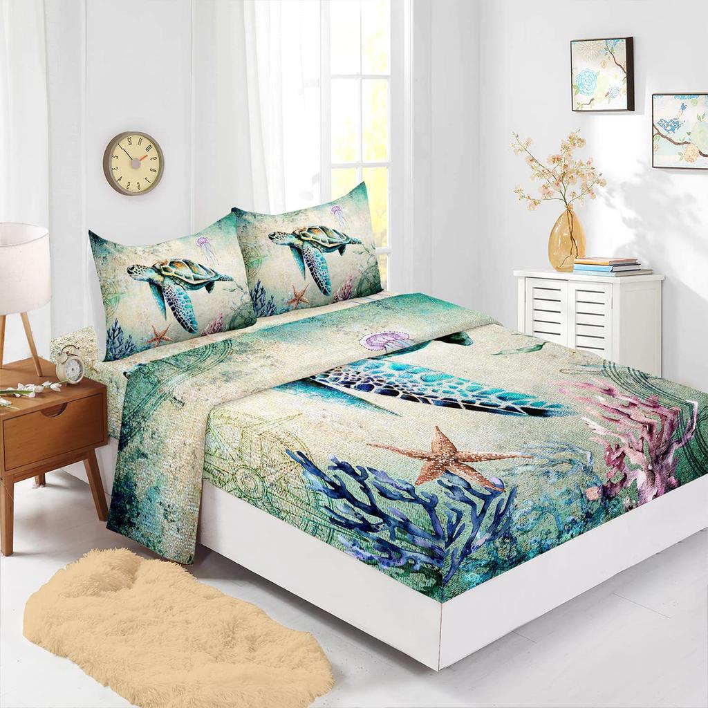 Ocean Beach Turtle Pattern Sheet Four-Piece Bedding Set Bedroom Dormitory Bedding Decoration