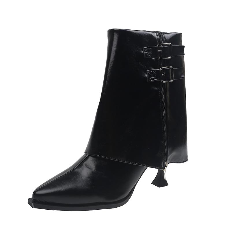 Autumn New Pointed Toe Sleeve Anti-Slip Wear-Resistant Mid-Tube Boots Belt Buckle Side Zipper Stiletto