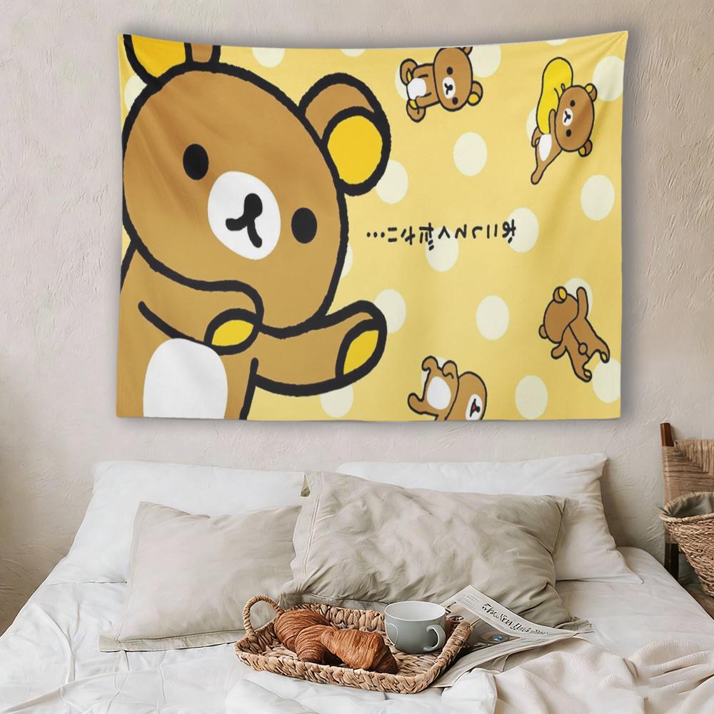R-Rilakkuma Polka Dot Tapestry, Cute Kawaii Bear Wall Hanging, Soft Yellow Aesthetic Bedroom Dorm Decor, Anime Fan Gift