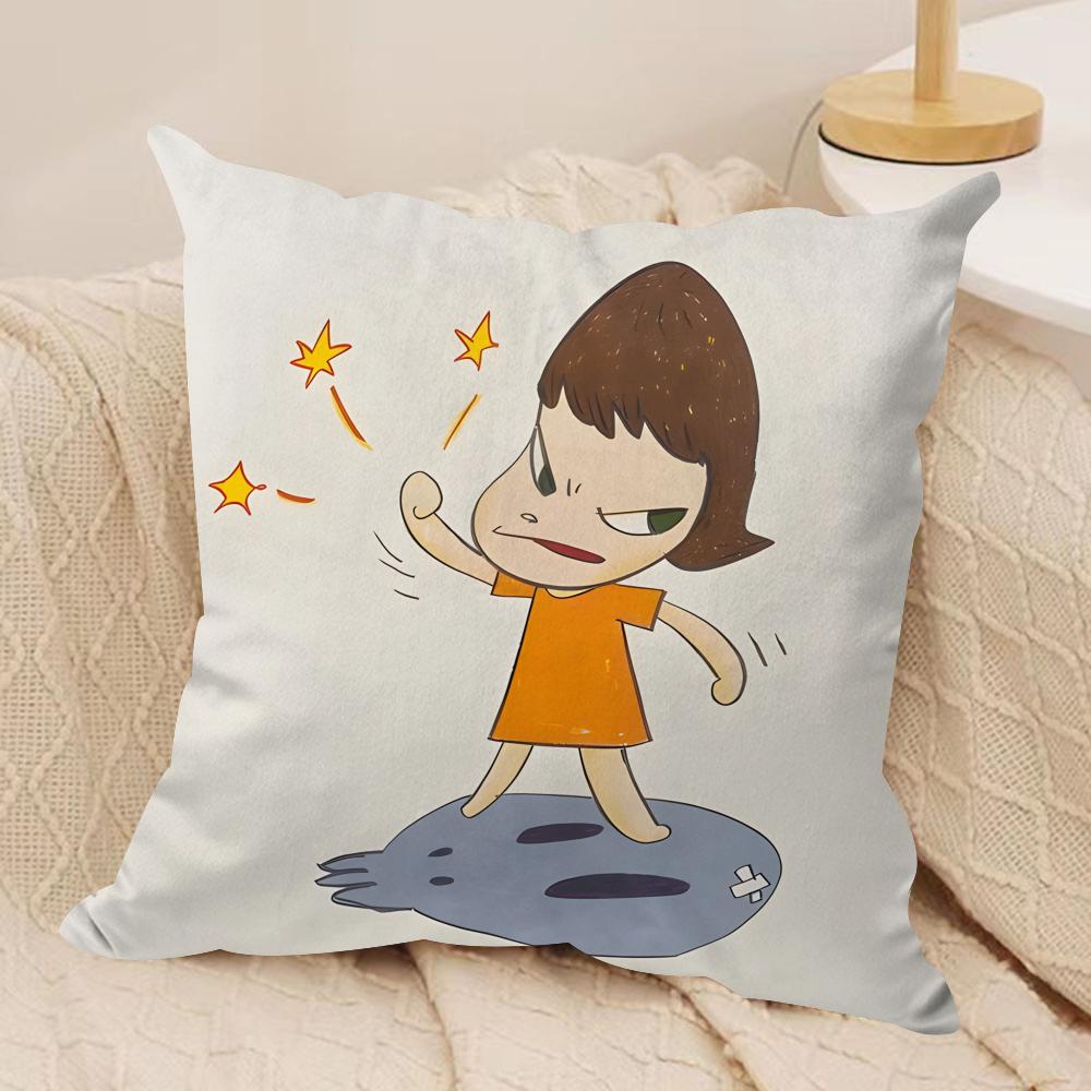 Yoshitomo N-Nara Movie Cushion Cover Silky Short Plush Invisible Zipper Dustproof Sofa Pillow Case For Home Decor Peach skin 18*18(CM)-1Pcs