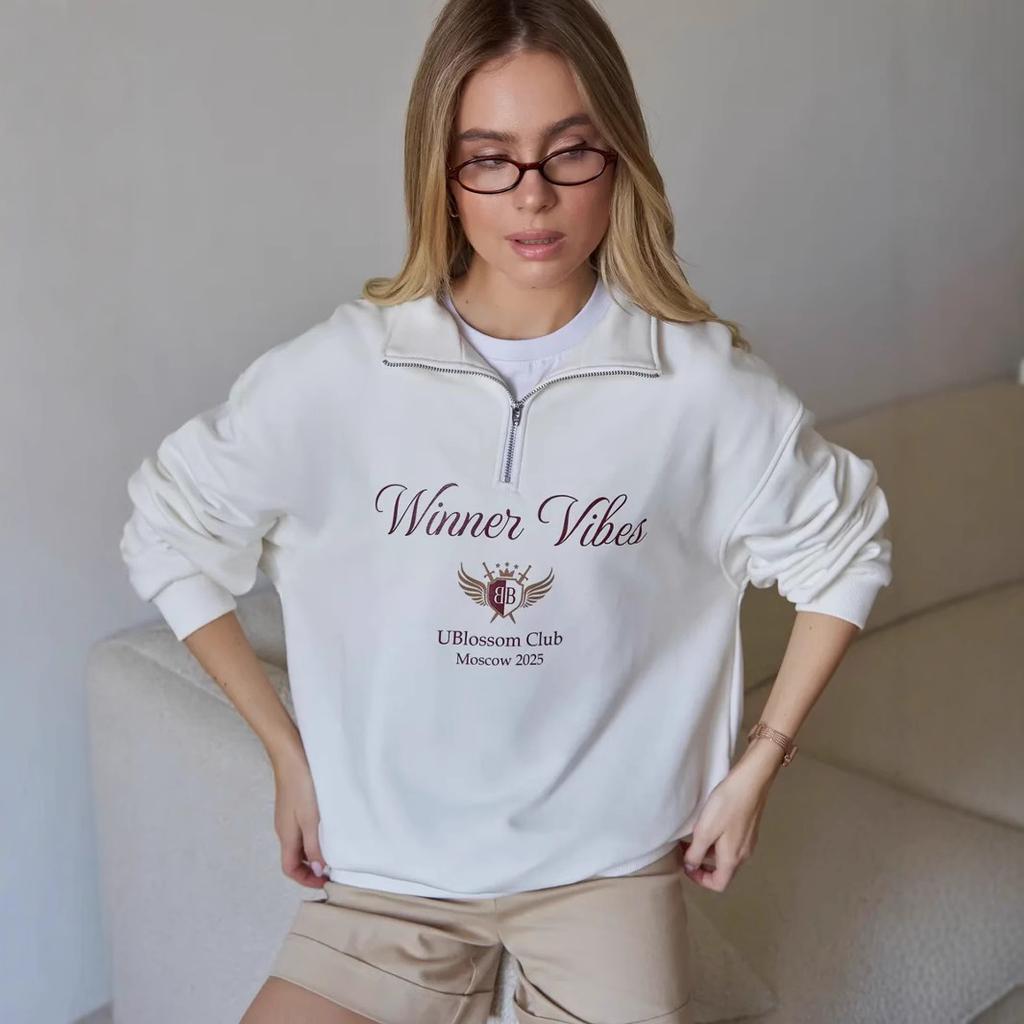 Women's Half Zip Turn Down Collar Sweatshirt Oversize Loose Fit Letter Wing Print Fleece Lined Pullover Top