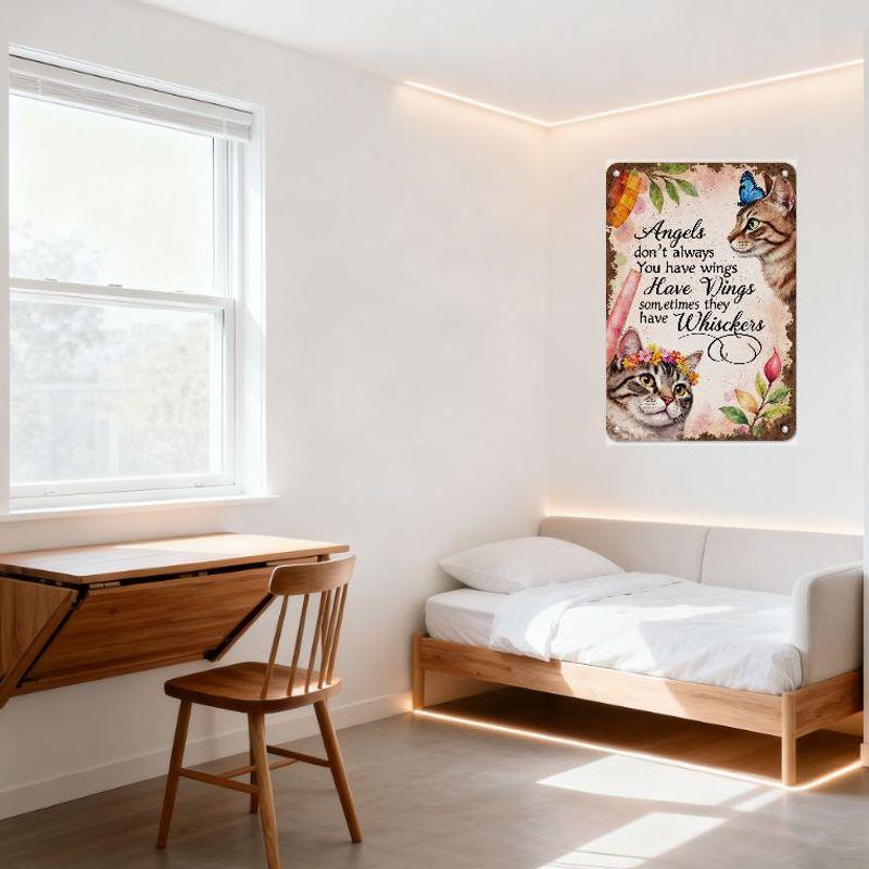 Vintage Distressed Cat Angels Tin Sign with Whiskers Quote, Metal Wall Decor for Home Cafe Bar, Illustrated Cats & Floral Design