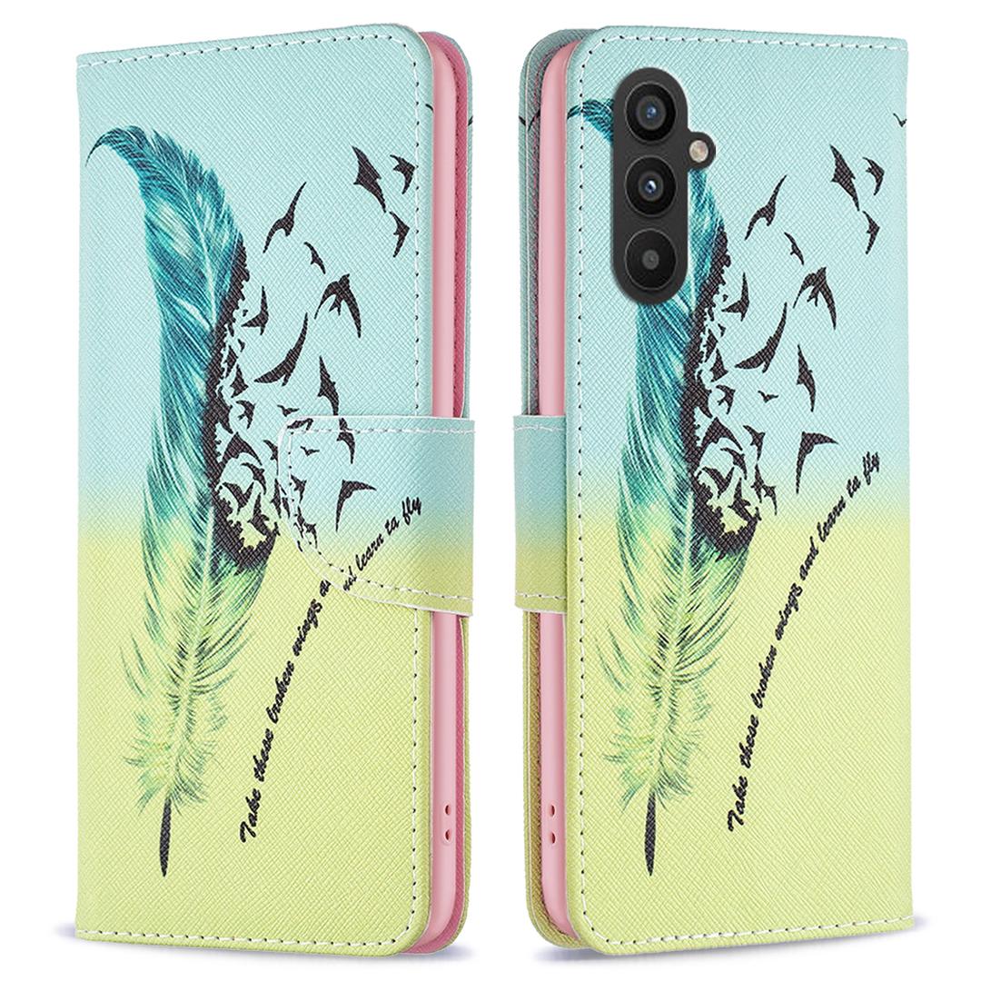 

For Samsung Galaxy A25 5G (Global) (161.0 x 76.5 x 8.3mm) Pattern Printing Flip Case PU Leather Stand Wallet Phone Cover Feather and Birds
