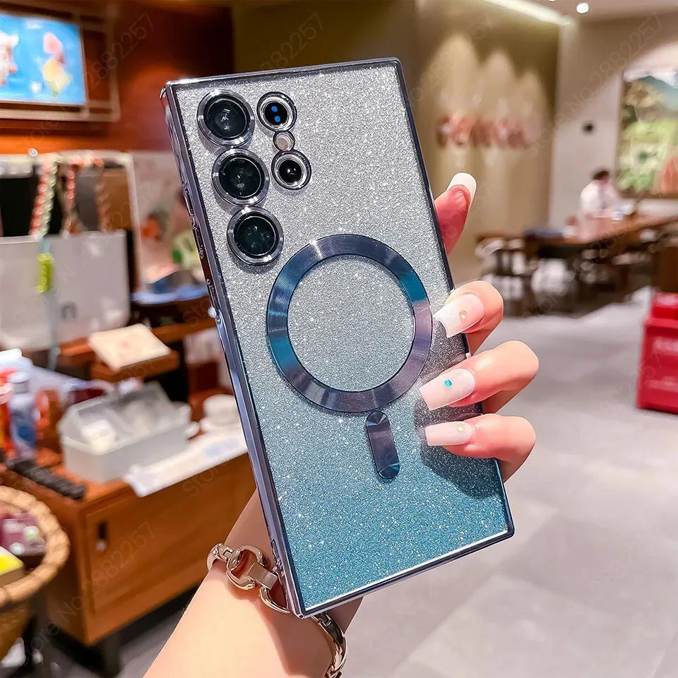 Glitter Luxury Magnetic Woman Case For Magsafe For Samsung Galaxy S26 S24 FE S23 S22 S25 Ultra Plus Wireless Charging Cover