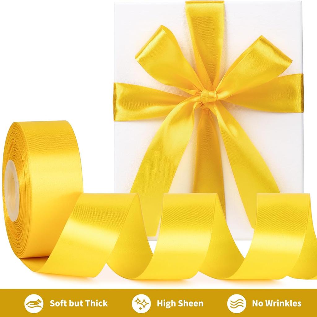 1-1/2 Inches 25 Yards golden Satin Ribbon, Solid Fabric Ribbon Roll for Flower Bouquets, Gift Wrapping, Wedding, Handmade Crafts