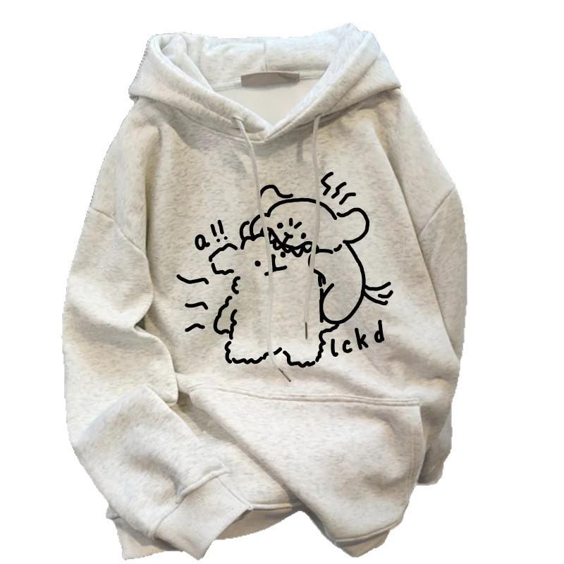 Japonská sladká mikina s kapucí z bavlny s fleecovou podšívkou a potiskem štěňátka - Bílá/Šedá, Unisex