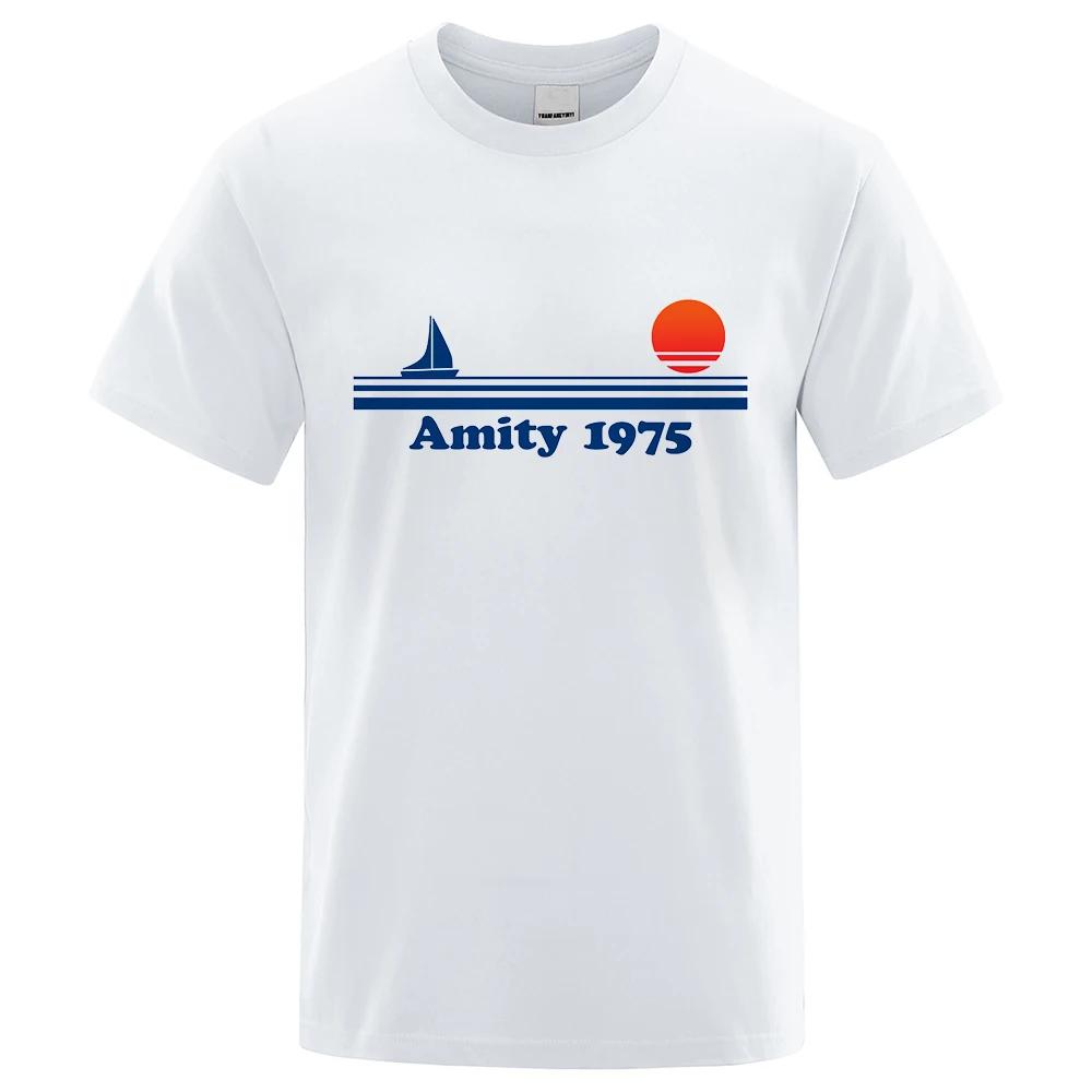 Amity 1975 Jaws Retro Print Tshirt Men Creativity Sweat Clothing Fashion Tee Clothes T Shirts Breathable Cotton TShirts Man