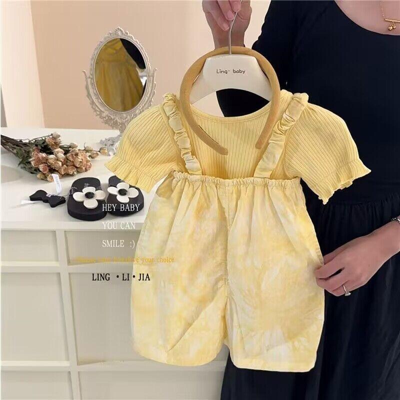 Children Tie Dye Patterned Overalls And Knitted Tops Two Piece Set Autumn For