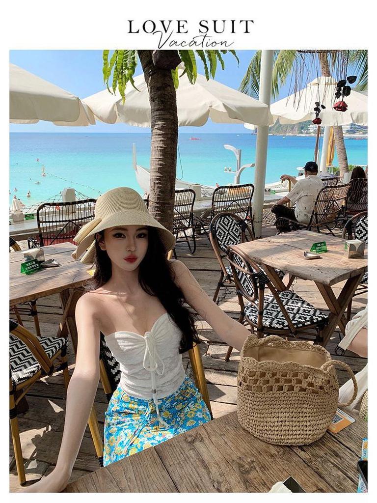 Women's Thailand Beach Resort Floral Two-Piece: White Bandeau Top & Skirt Set