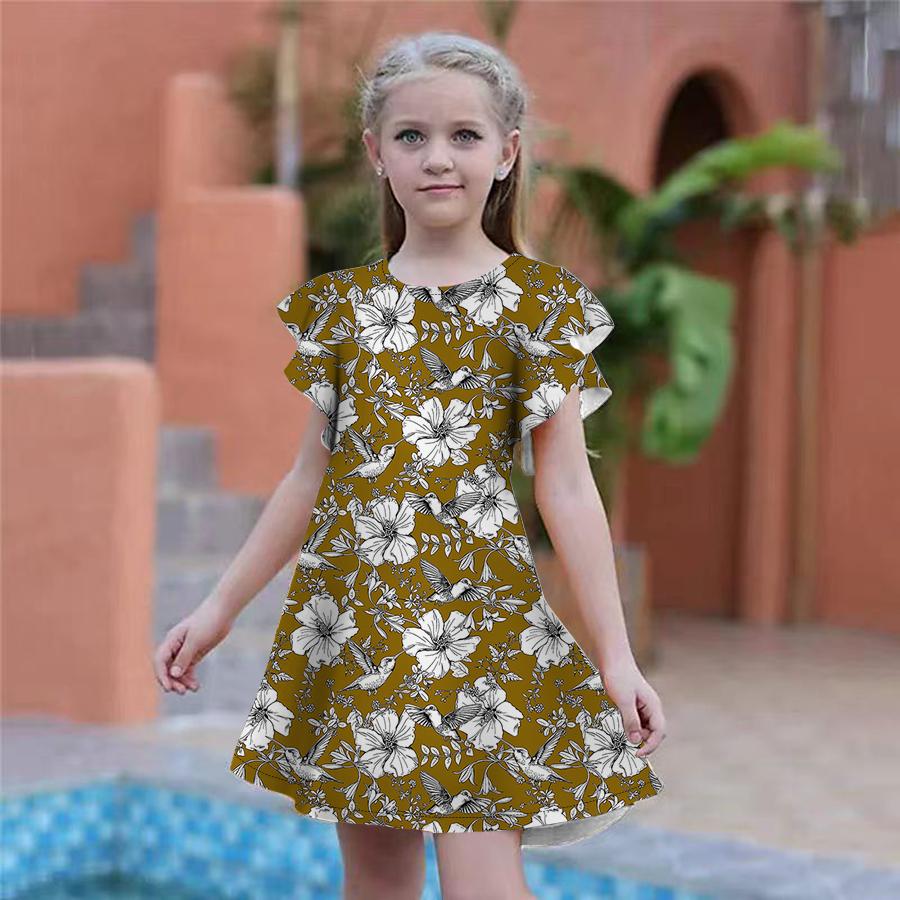 

Сукні з принтом зелених птахів і квітів для дівчаток. Дитяча вечірня сукня для дівчаток. Вільна спідниця з короткими рукавами для дівчаток старше чотирьох років. 170 жовтий