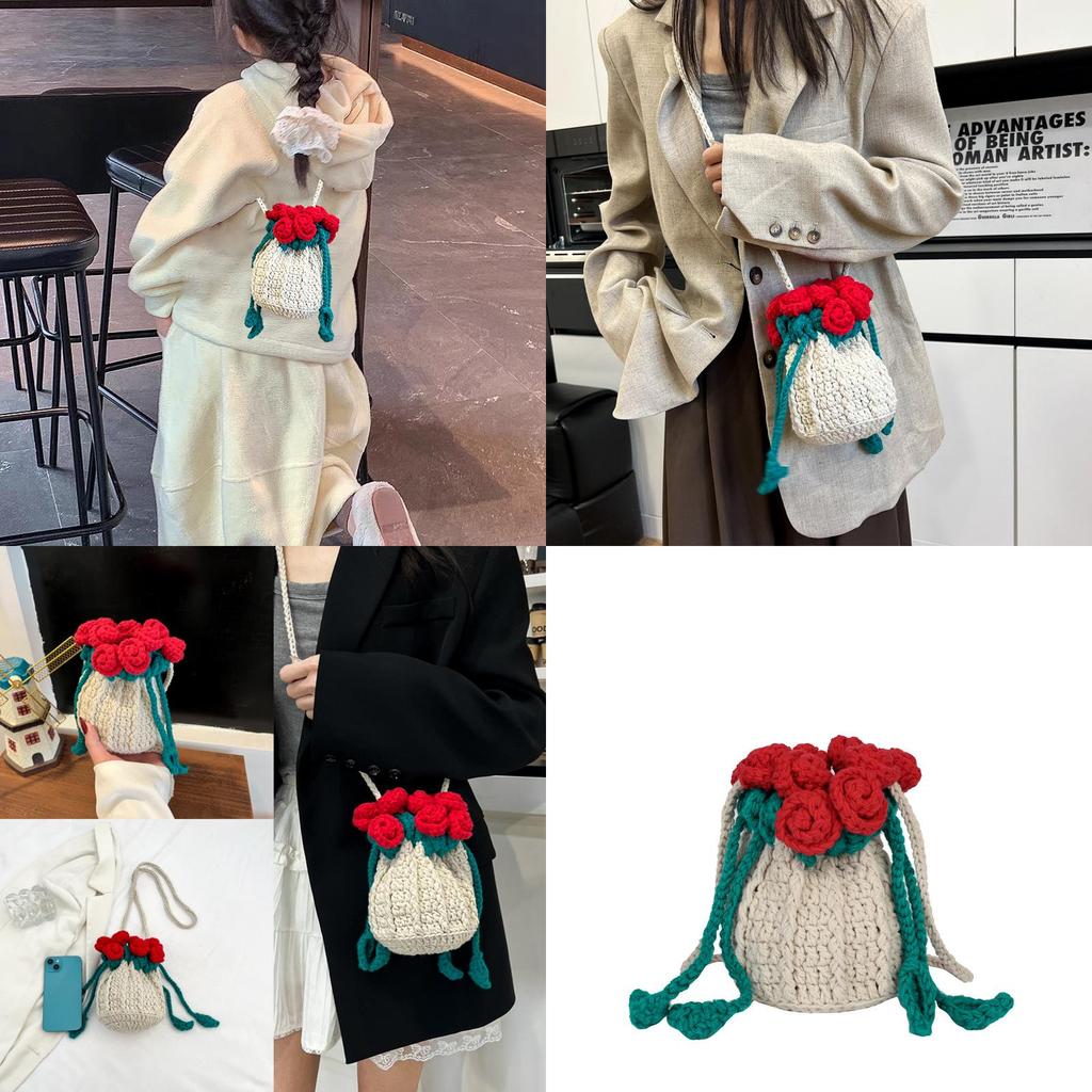 Woven Textile Rose Flower Bucket Bag With Inner Card And Phone Compartments For Casual Style
