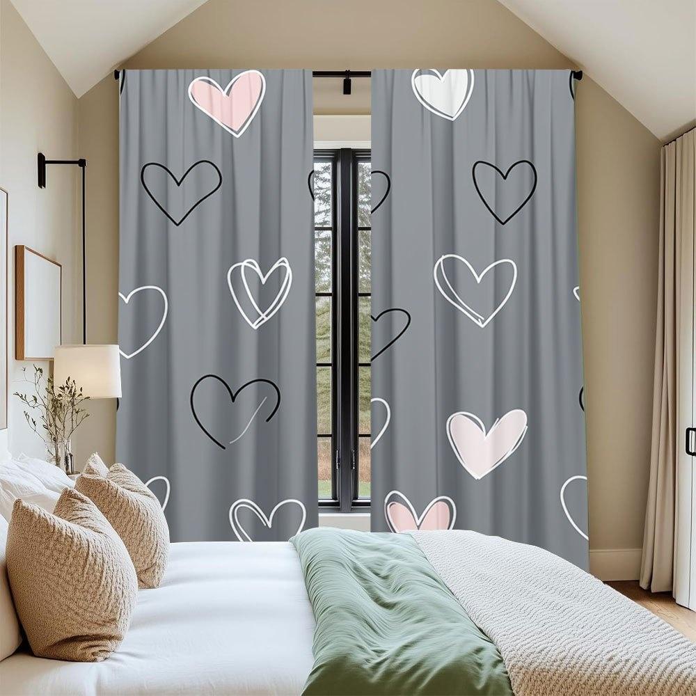 2pcs Heart Print Curtains Pink White Black Love Pattern Romantic Style Polyester Window Drapes for Bedroom Living Room