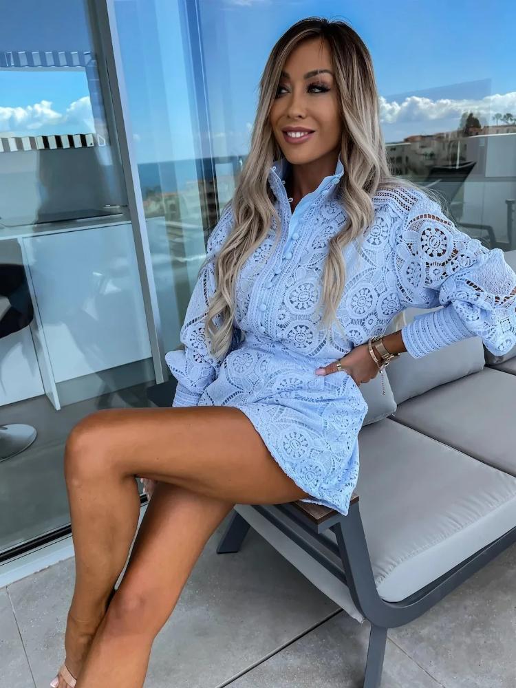 Summe Elegant Women's Casual Fashion Solid Color Lace Multi-button Set Long Sleeve Top Shorts