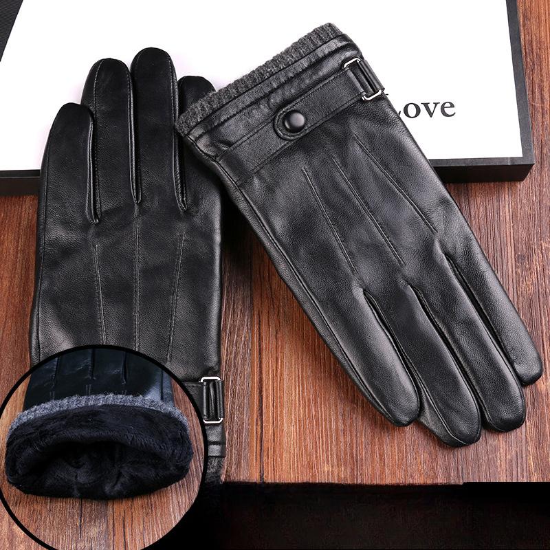 Autumn and Winter Sheepskin Gloves for Men with Plush Velvet Thickened Warmth and Cold Driving Outdoor Riding Three String Touch Screen Gloves