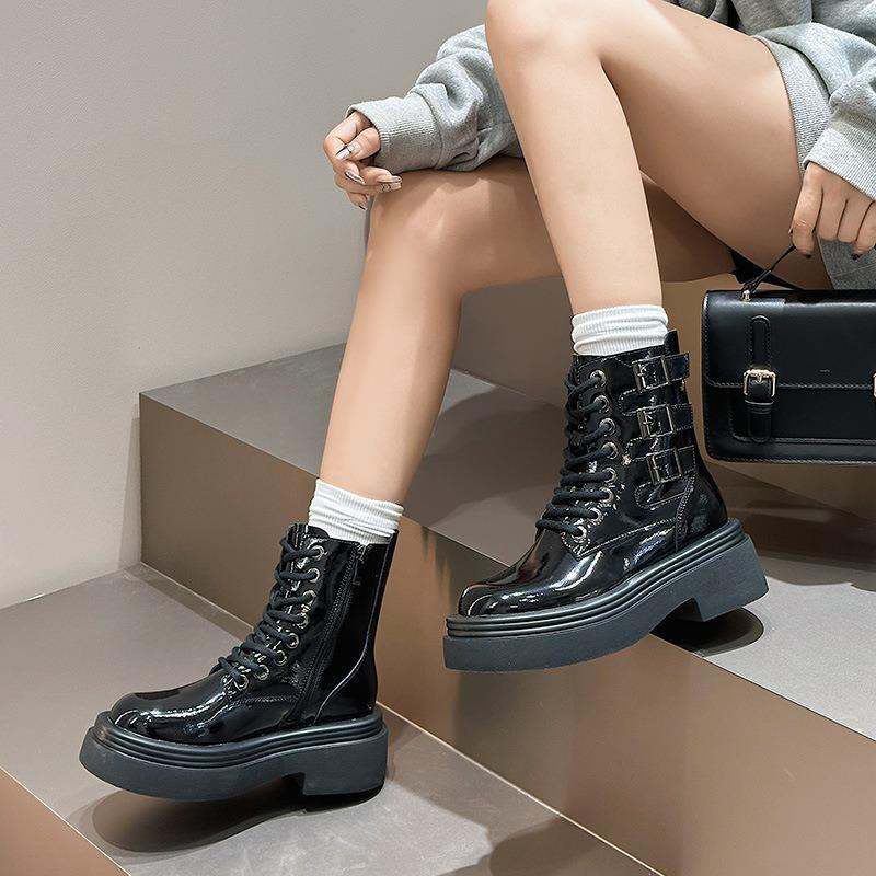 Martin Shoes Women's Autumn and Winter New Leather Platform Short Boots Locomotive Knight Boots
