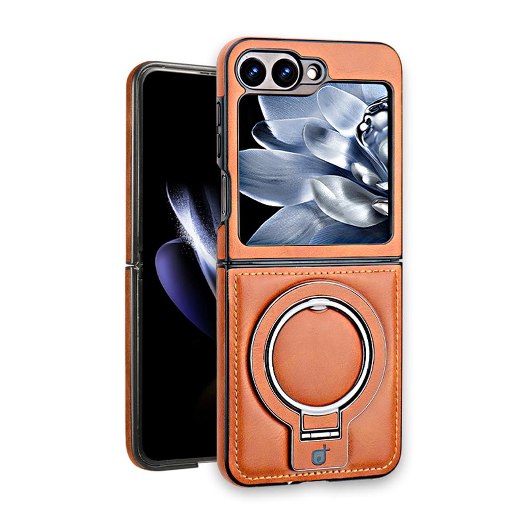 Luxury Leather Phone Case For Samsung Galaxy Z Flip 7 6 5 4 3 5G Magnetic Cover Ring Metal Bracket Shockproof Kickstand Cover