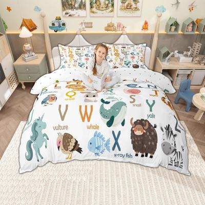 Homewish Cartoon Animal Duvet Cover Set For Kids Woodland Wildlife Bedding Seet For Girls Boys Alphabet Bed Set