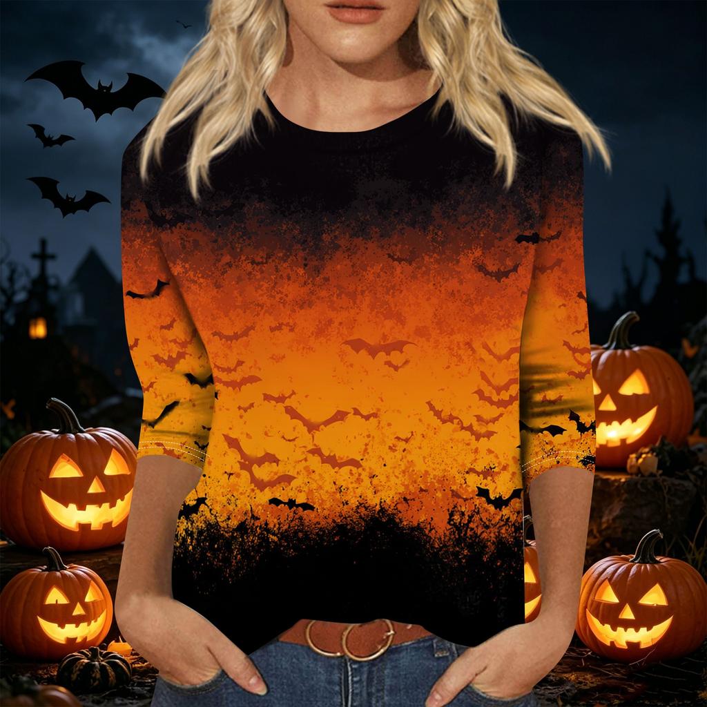 Women's Halloween Print 3/4 Sleeve Shirt Loose Fit Casual Round Neck Pullover Top Lightweight Comfortable Fabric Suitable for Daily Wear