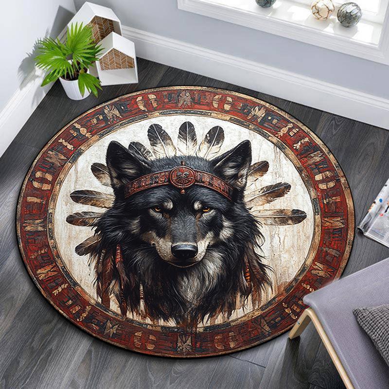 Wolf Chief Round Area Rug,Carpet Rug for Living Room Bedroom Sofa Playroom Decor,Non-slip Floor Mat
